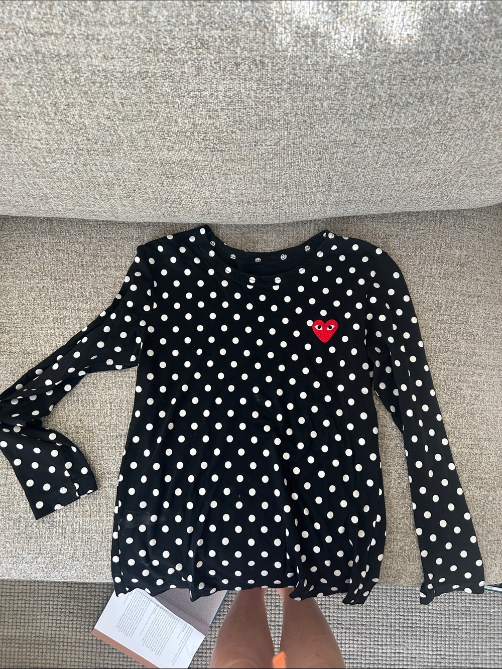 Comme des Garcons Black Polka Dot Long-Sleeve Top with Red Heart Patch